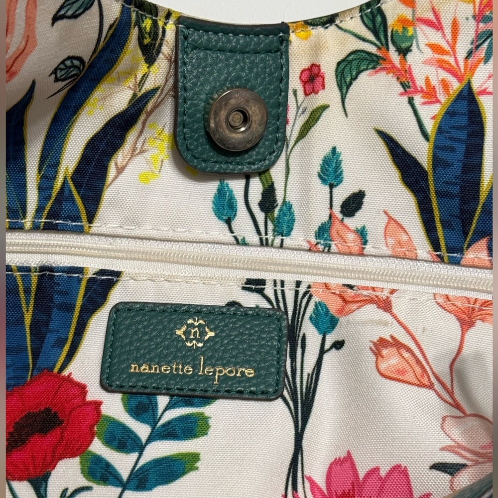 Nanette Lepore Hobo Handbag - Oversized Teal Floral Lined Purse - Picture 2 of 4